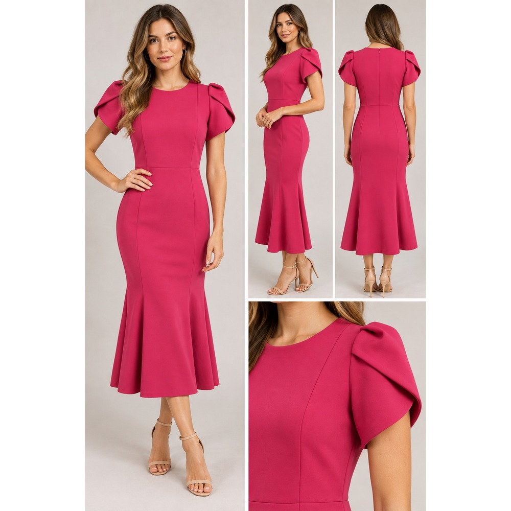 Calvin Klein A-Line Midi Dress Size 2 Boysenberry Pink Tulip Sleeve Stretch